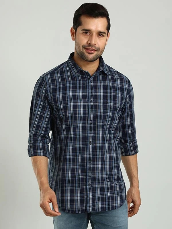 Indian Terrain Men's Regular Fit Full Sleeve Checkered Dark Blue Shirt